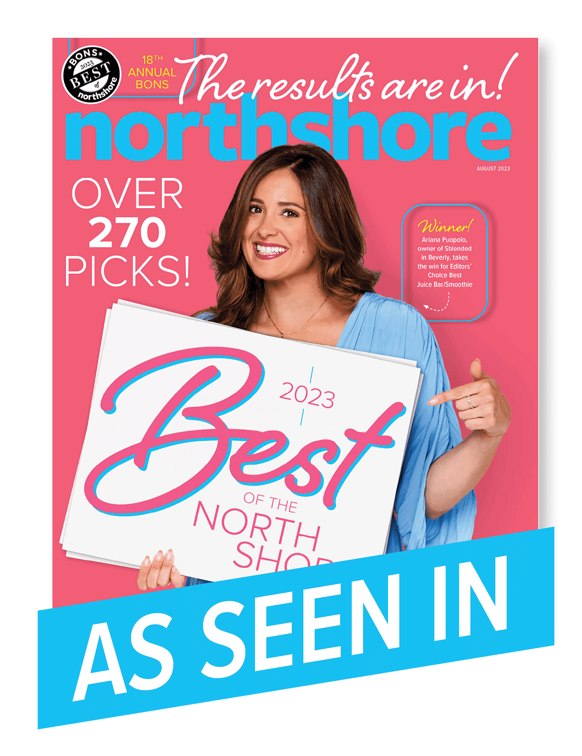 Magazine cover featuring woman holding "Best of the North Shore 2023" sign with the headline "The results are in!